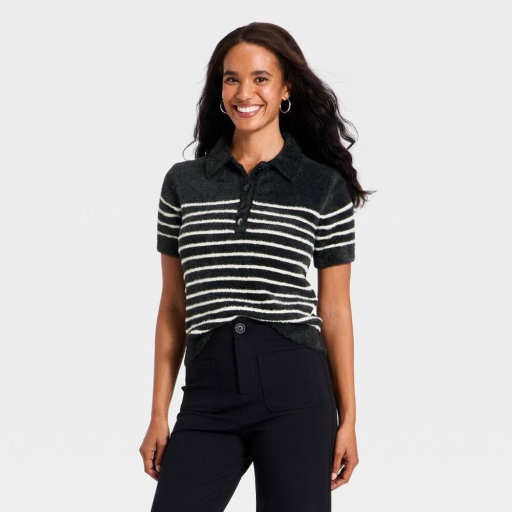 Women's Short Sleeve Polo Collar Fuzzy Polo T-Shirt - A New Day Black Striped S